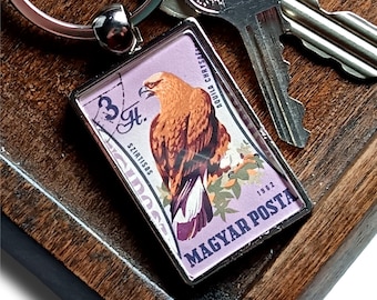 Golden Eagle Keyring - upcycled 1962 Hungary postage stamp