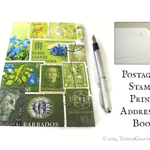 A5 Address Book inc Birthday Book Green Postage Stamp Print A-Z Index Book, Date Planner Tonal Green Ombre Boho Postal Art Office Gift Spring Greens