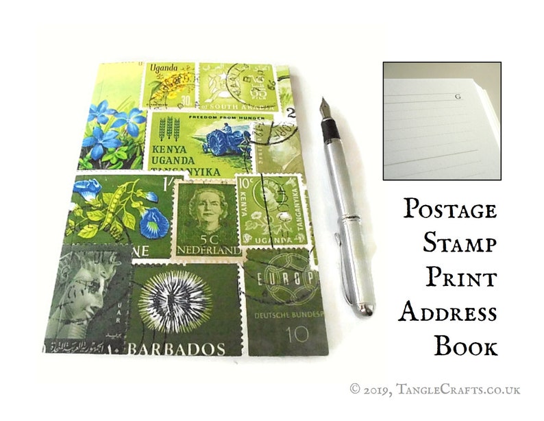 A5 Address Book inc Birthday Book Green Postage Stamp Print A-Z Index Book, Date Planner Tonal Green Ombre Boho Postal Art Office Gift Spring Greens