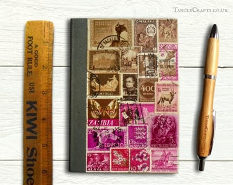Brown & Pink postage stamp notebook A6 - unique original collage cover