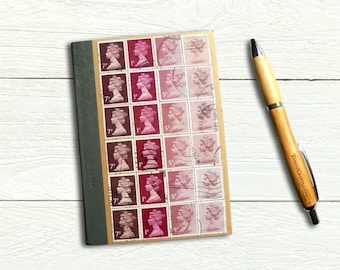 Burgundy Brown Machin Stamp Notebook - Ruled journal decorated with British stamps