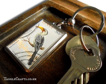 Yellow-billed Hornbill Keyring made with vintage 1993 Kenya stamp