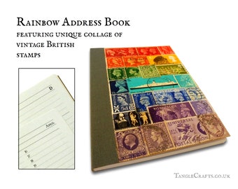 British rainbow address book • decorated with real vintage postage stamps