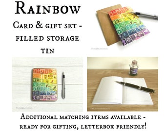 Rainbow Filled Tin, Stationery Gift Set - hinged storage tin, pocket notebook, card & pen | Colourful spectrum collage print, philately art