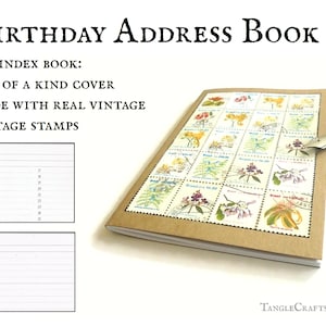 May include: A brown notebook with a cover made of vintage postage stamps featuring floral designs. The notebook has a blank page with a calendar for the month of March and a blank page with lines for writing. The notebook is titled "Birthday Address Book" and has the text "A-Z Index Book: One of a Kind Cover Made with Real Vintage Postage Stamps" on the front cover.
