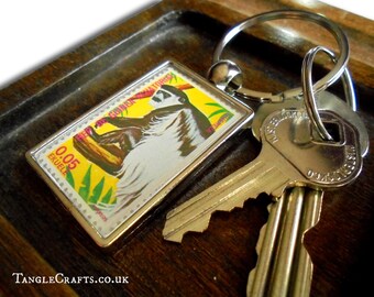 Mantled Guereza Keyring, upcycled 1975 postage stamp from Equatorial Guinea