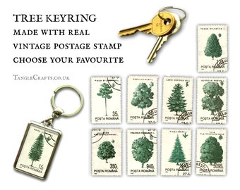 Tree Keyring Set - upcycled postage stamps from 1994