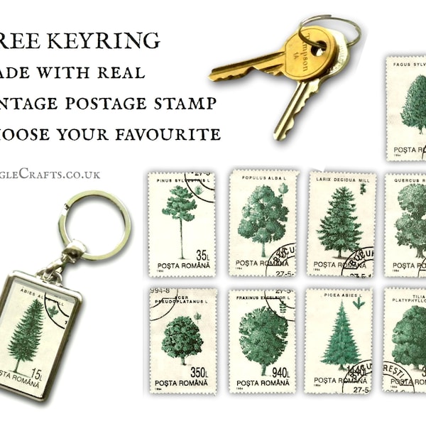 Tree Keyring made with upcycled postage stamp | keychain for gardener - oak, ash, beech, maple, fir, pine etc | vintage postal stamp keyfob