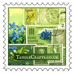 May include: A collage of vintage postage stamps from various countries, including Uganda, Kenya, Tanganyika, and South Arabia. The stamps feature a variety of designs, including flowers, a tractor, and a portrait of a woman. The stamps are arranged in a grid pattern and are surrounded by a green border.