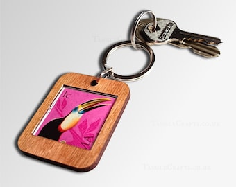 Toucan Keyring (wooden) - upcycled 1965 postage stamp from Panama