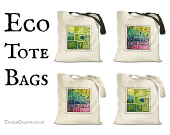 Eco Tote Bag - Postage Stamp Print Long Handle Shopper | Choice of designs, postal art collage | Ecofriendly natural cotton fabric reuseable