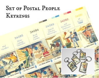 Post Office Worker Keychain Set, upcycled retro 1973 USA postage stamp