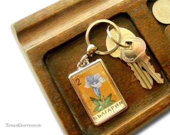 Retro Gentian Keyring - upcycled 1968 postage stamp from Bulgaria