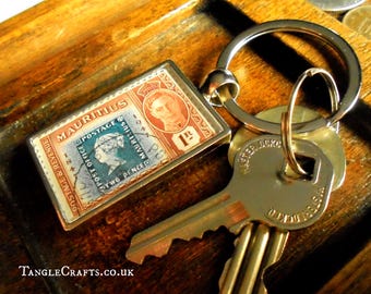 Blue Mauritius Keyring - upcycled commemorative 1948 Mauritius postage stamp