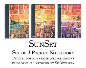 Sunset Travel Journal Notebook Set - Orange Brown Postal Stamp Print