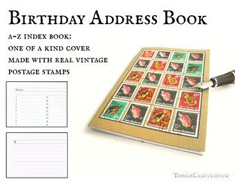 Retro fish & seahorse address book, upcycled New Zealand stamps, 1970