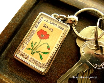 Red Poppy Keychain, upcycled vintage advertising ephemera | Spanish poster stamp for Madrid Flower Show | 1962 birthday or anniversary gift