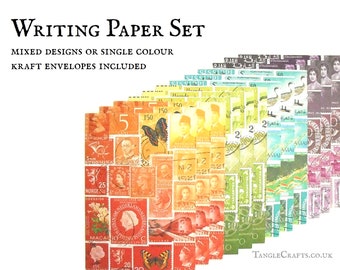 Letter writing set, mixed rainbow postage stamp designs • A5 writing paper set for penpals • postal theme ecofriendly recycled paper