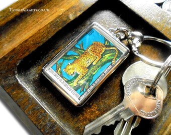 Leopard in Tree Keyring - upcycled 1979 postage stamp from Cameroon