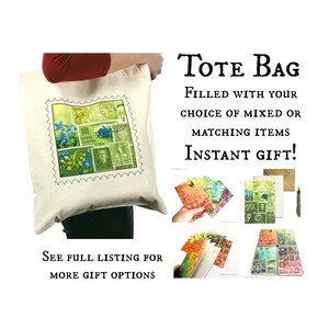 Green Eco Bag Gift Set - stationery storage tin, notebook, card, pen & more | Light dark ombre postage stamp print, quirky philately gift UK