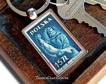 Fisherman & Fish Keyring - upcycled 1950 postage stamp from Poland