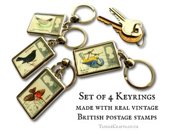 British Birds Keyring Set - made with real 1966 GB postage stamps