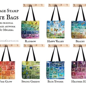 May include: Eight tote bags with different colourful postage stamp designs. The bags are hanging on a wooden rack. The designs include "Rainbow", "Happy Valley", "Beachy", "Fire Glow", "Spring Greens", "Blue Yonder", and "Heather Haze".
