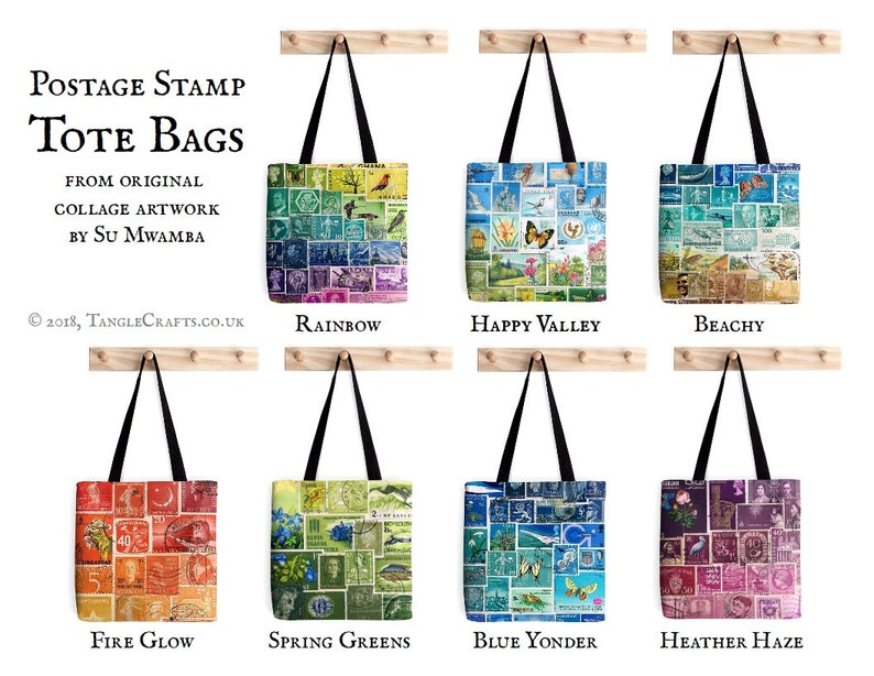 May include: Eight tote bags with different colourful postage stamp designs. The bags are hanging on a wooden rack. The designs include "Rainbow", "Happy Valley", "Beachy", "Fire Glow", "Spring Greens", "Blue Yonder", and "Heather Haze".