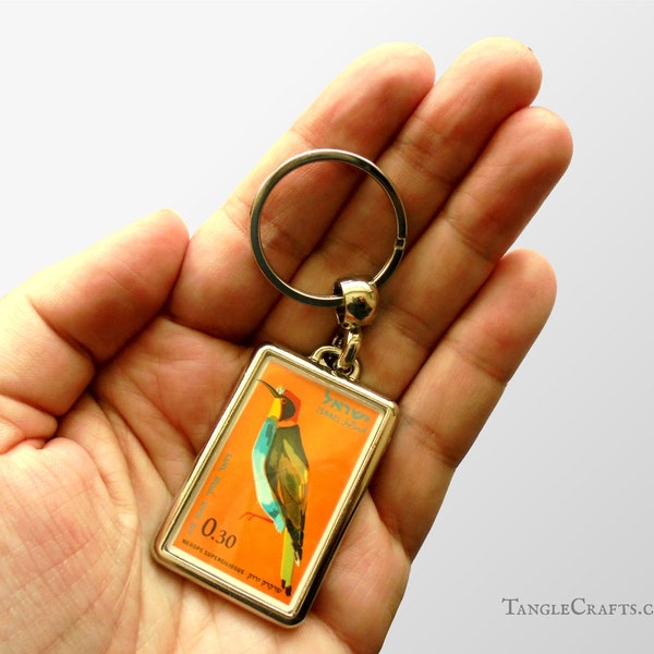 Bee Eater Keyring - orange bird keychain | Upcycled vintage postage stamp, colourful plumage | 1963 birthday or anniversary gift for birder