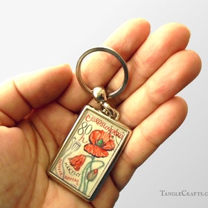 Flowers & Medicinal Plants Keyring choice of vintage botanical designs Floral postage stamp keychain campanula cornflower gentian iris 1965 Common Poppy