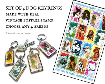 Set of 4 Dog Keychains - choose any mix of breeds, upcycled postage stamp keyring