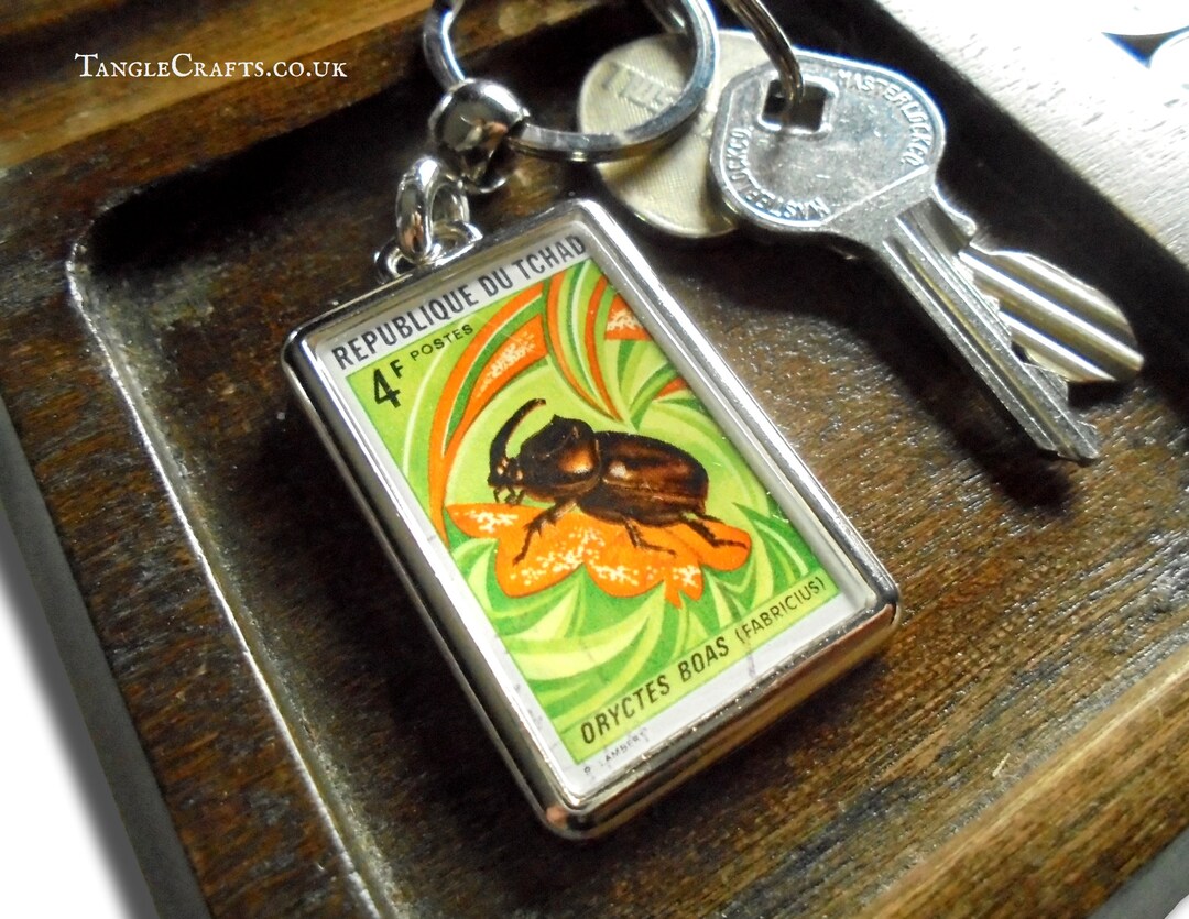 Scarab Beetle Keychain, Real Postage Stamp Keyring | Retro Vintage ...