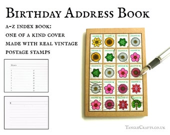 Retro flowers address book, upcycled 70s stamps • A6 kraft A-Z index book, quirky colourful kitsch office gift • Singapore Asia travel lists