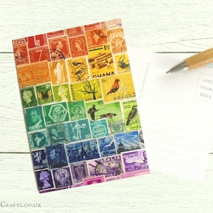Regenbogen Postkarten, 8er Set - Vintage Briefmarke Spektrum Collagen Print | Boho Bleib in Berührung Kartenset | Post Thema Postcrossing Karten
