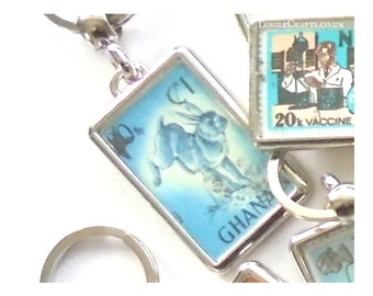 Leaping Hare Keyring - made with real vintage postage stamp from Ghana