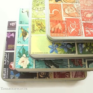 Coffret cadeau anniversaire en étain, 4 boîtes de rangement de timbres-poste | Impressions de collection de timbres colorés, coffret en étain articulé s’adapte 4x6 A6 - Art fonctionnel