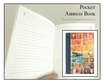 Sunset Address Book, Pocket A-Z Book - Postal Stamp Print | Quirky Office Stationery Gift for Bird Lover Penpal | Postage Stamp Travel Theme