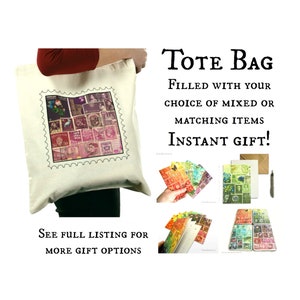 Purple Ombre Grab Bag Gift Set - stamp print tin, notebook, card & more | Postage stamp collection, plum pink penpal stationery assortment