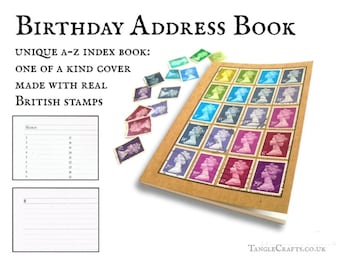 Peacock birthday address book • Machin stamp cover A-Z notebook