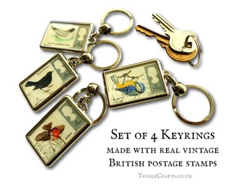 British Birds Keyring Set - made with real 1966 GB postage stamps