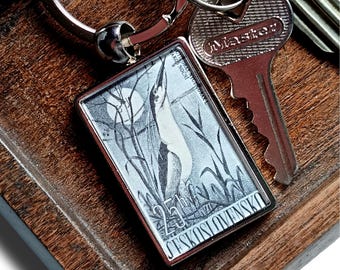 Black Crowned Night Heron Keyring - upcycled 1960 Czech postage stamp