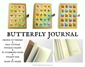 Butterfly Journal, ecofriendly A6 notebook made with real vintage stamps