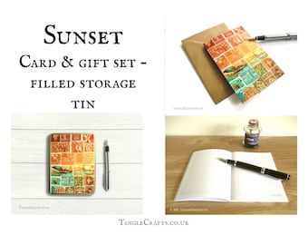 Filled Sunset Tin, Matching Stationery Gift Set - postage stamp collage print