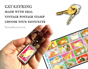 Cat Keyring - choose from 16 breeds, real upcycled postage stamp keychain