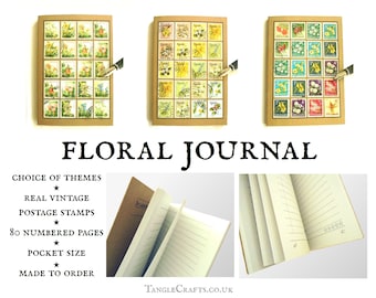 Garden Notes A6 Floral Journal, upcycled with real vintage stamps