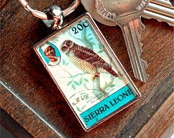 West African Wood Owl Keyring - made with 1980 Sierra Leone postage stamp