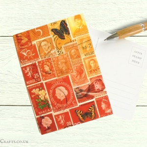 Orange Rot Postkarten Set - Briefmarken Collage Print | Feuriger Sonnenuntergang tonale Ombre, Weltbriefmarke Reisethema | A6 postcrossing Zubehör