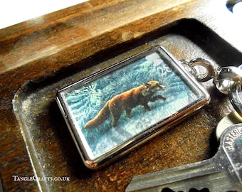 Winter Fox Keyring - Country Wildlife, upcycled 1992 GB postage stamp