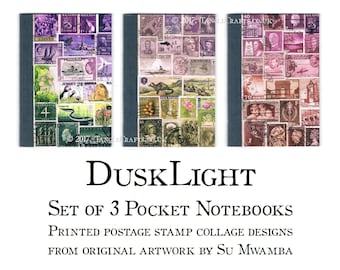 Set of 3 Notebooks, Dusky Purple Postage Stamp Print - Boho Stationery