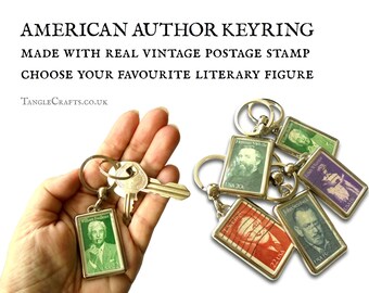 American Author Keychain, USA postage stamp keyring | Literary heroes, icons of literature, novel writers | upcycled bookish gift for reader